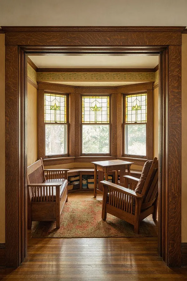 A warm Craftsman-style sunroom framed by rich wood trim and a wide doorway, with a curved bay window wall featuring leaded glass upper panes and lower clear windows. Inside are a wooden bench, a pair of wood armchairs, a small table, built-in storage, and a faded patterned rug in earthy tones.