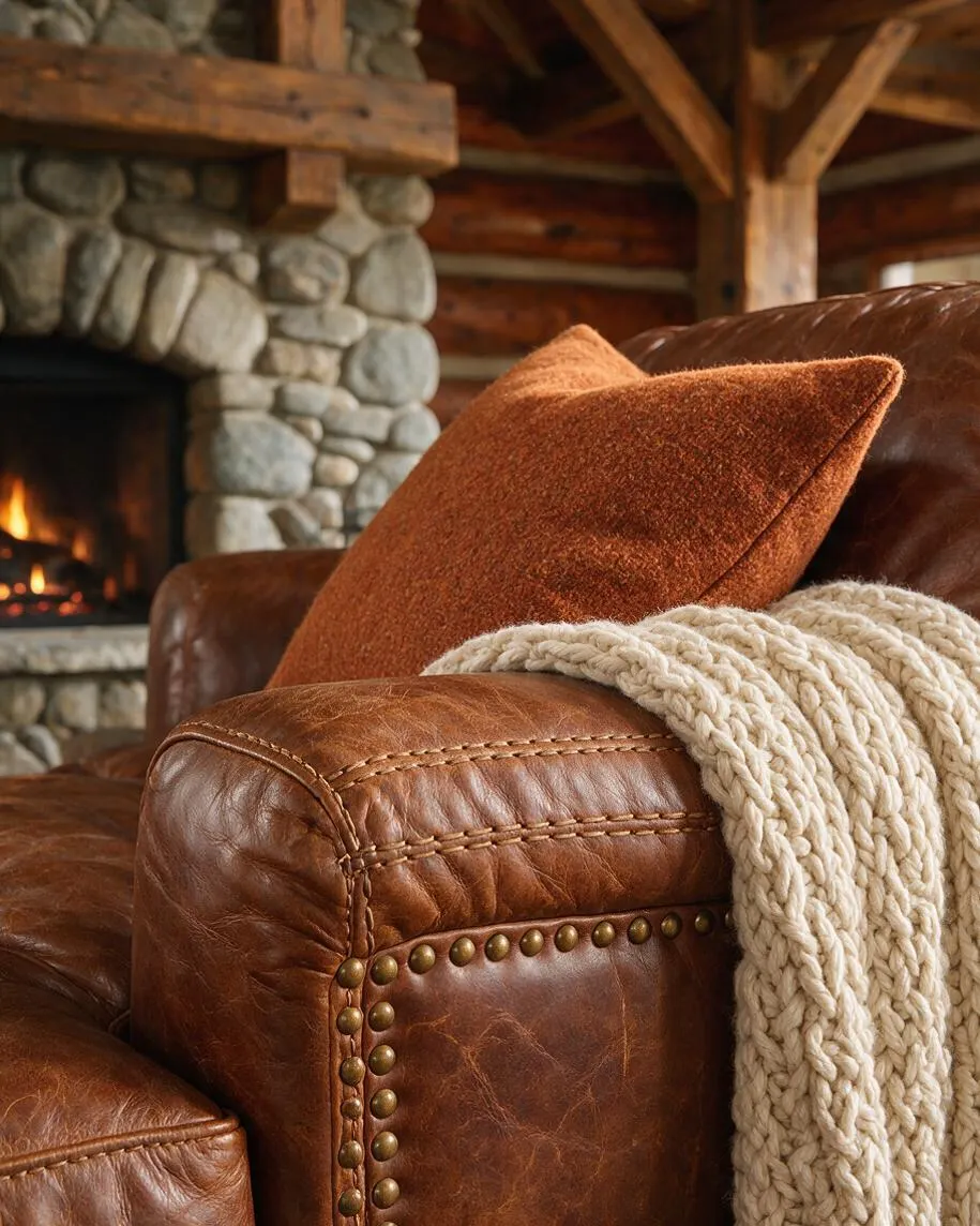 A cozy rustic living room detail featuring a worn brown leather armchair with brass nailhead trim, topped with a burnt orange pillow and a cream chunky knit throw. A stone fireplace with a visible fire and heavy timber beams create a warm cabin-like setting.