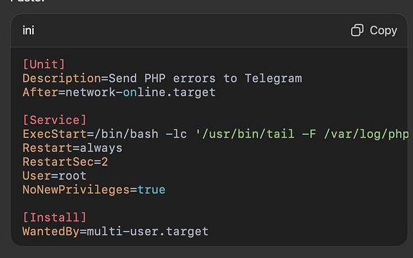 The image displays a configuration file for a system service designed to send PHP errors to Telegram.