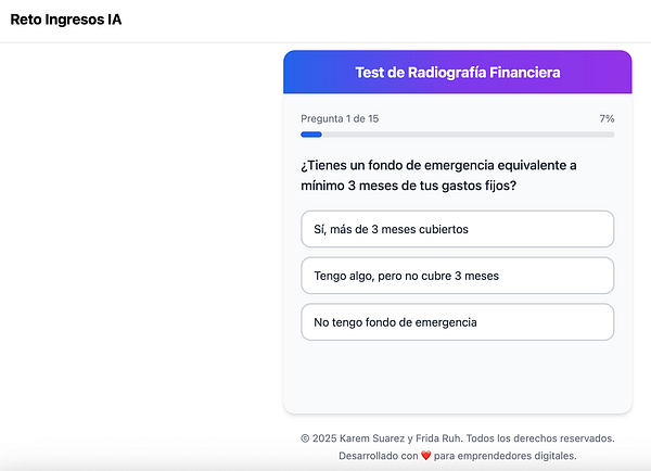The image displays a financial assessment quiz interface with a question about emergency funds.