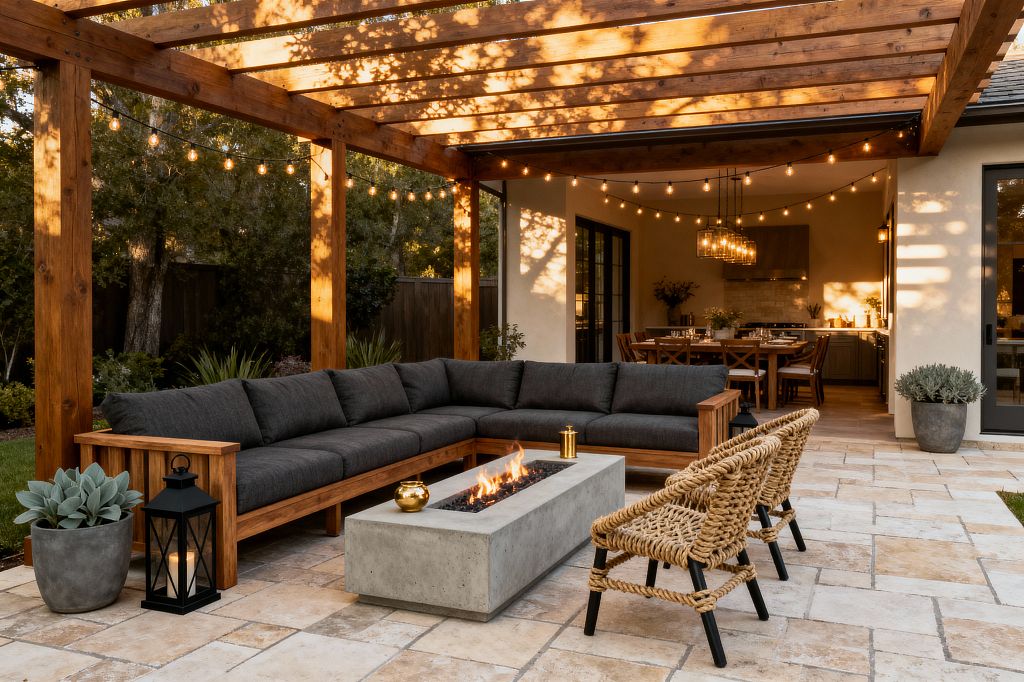 An outdoor patio in transitional style features a warm wood pergola draped with globe string lights above an L-shaped wood-framed sectional with charcoal cushions. A low rectangular concrete fire pit sits at the center, with two woven rope lounge chairs on one side. The floor is beige and cream travertine pavers. Concrete planters with succulents and a black lantern accent the seating area, while black-framed doors open to a softly lit dining space beyond.