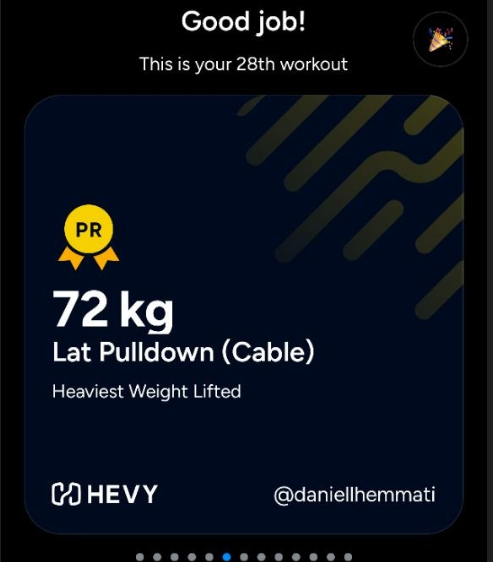 A workout achievement screen shows a personal record for a Lat Pulldown exercise with 72 kg lifted during the 28th workout.