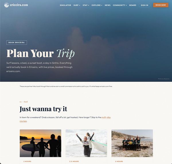 Webpage from ericeira.com showing a trip planning section with surfing lesson options and booking prompts.