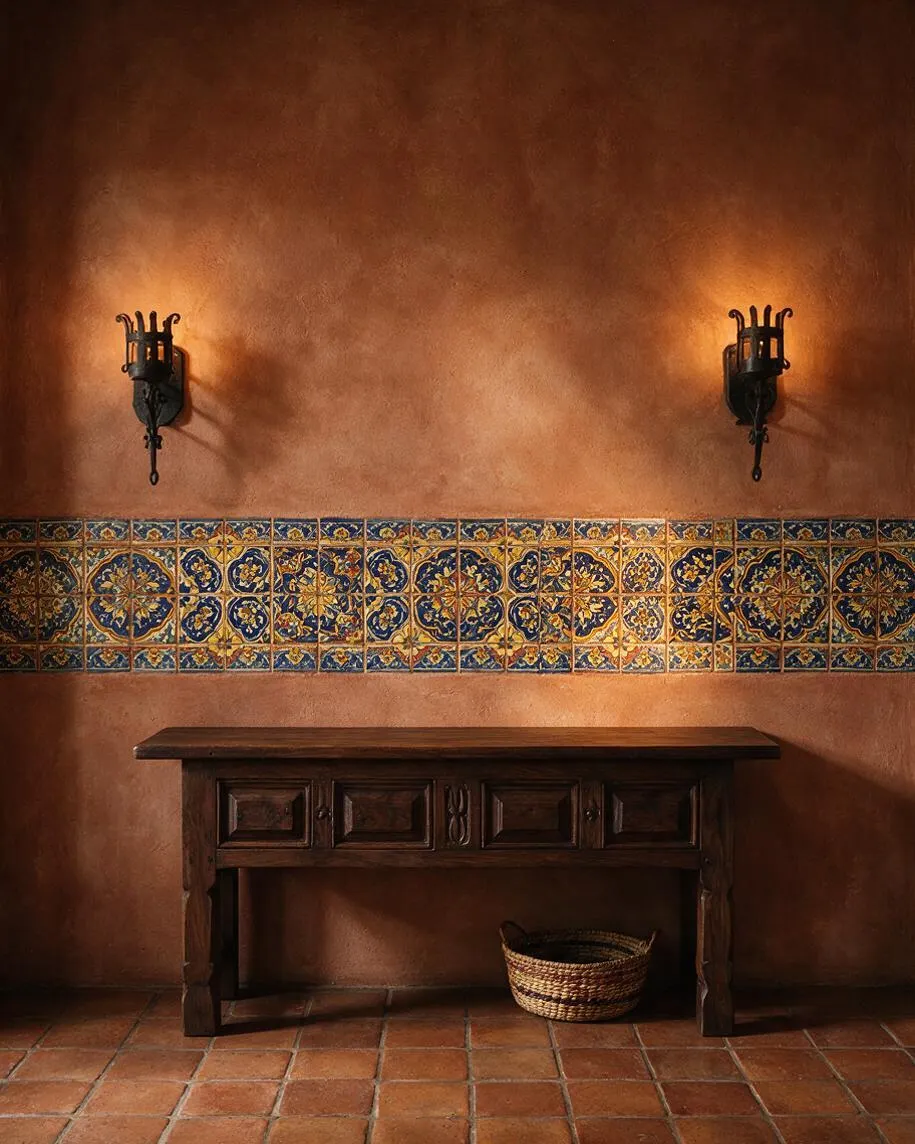 A Mediterranean-style interior vignette with warm terracotta plaster walls, a horizontal band of colorful decorative ceramic tiles, and two wrought-iron wall sconces. Below sits a dark carved wood console table with a woven basket underneath, set on a terracotta tile floor.