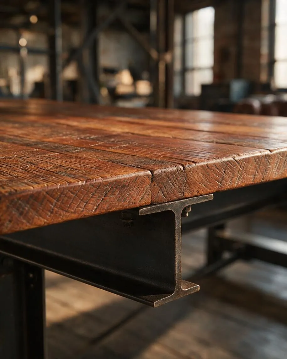 A close-up view of a rustic industrial table shows a thick reclaimed wood tabletop with visible grain, cracks, and warm brown tones resting on a dark steel beam base. The background is softly blurred, suggesting a loft-like interior with tall windows and exposed structural elements.