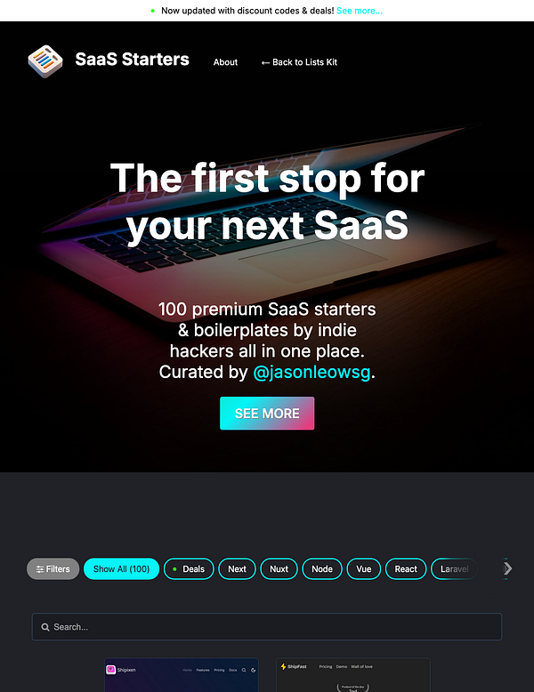 The image displays a webpage for SaaS Starters, showcasing a collection of premium SaaS products.