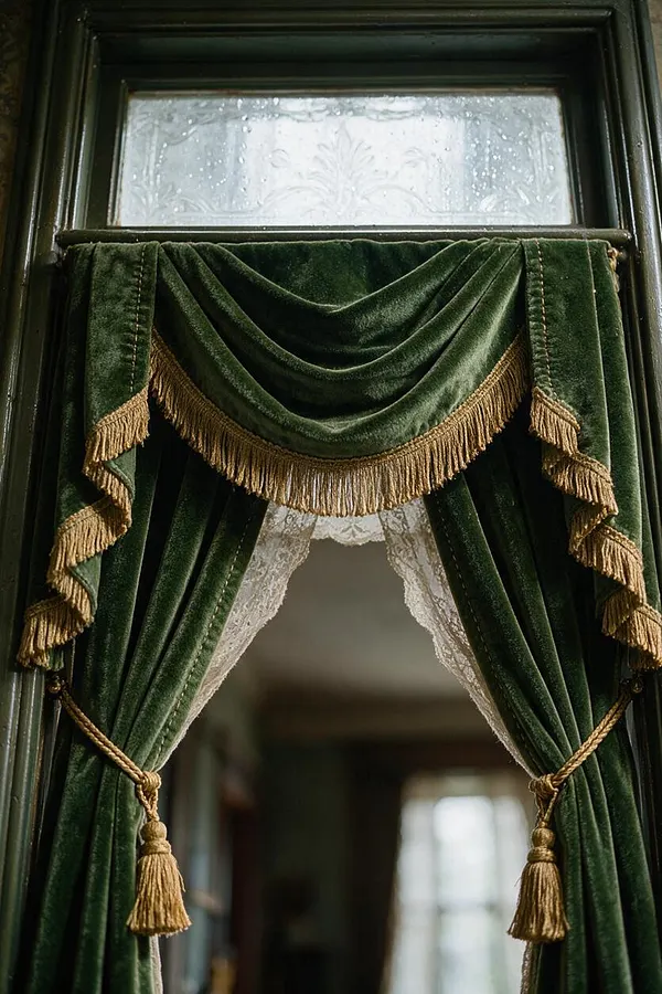 A Victorian-style interior window detail with deep green velvet curtains draped in layered swags and side panels. Gold fringe, braided tiebacks with tassels, and a frosted patterned transom glass complete the ornate, historic look.