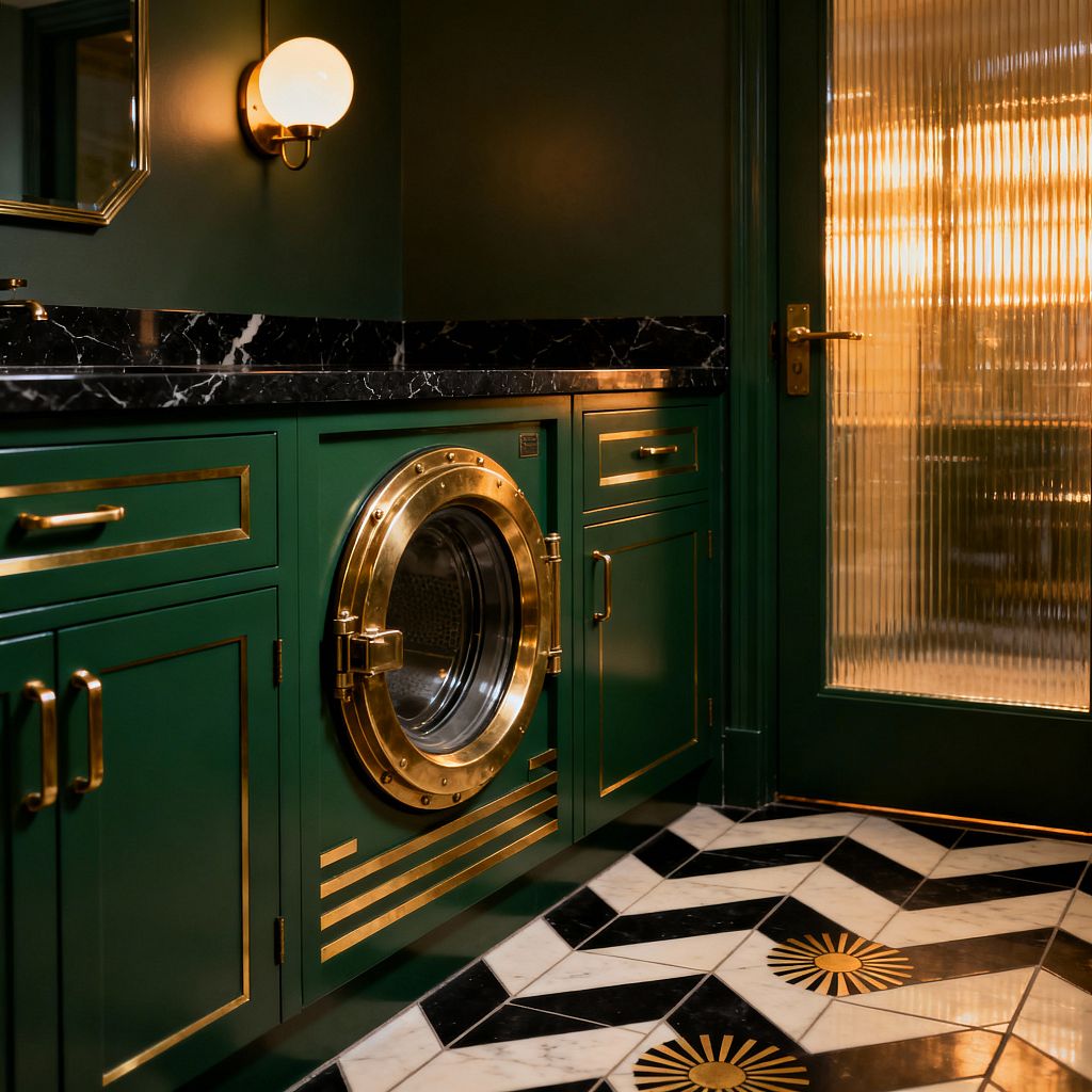 A compact Art Deco laundry features deep emerald cabinetry edged in brass and an integrated front‑loading washer with a porthole‑style brass surround. A black marble countertop, brass‑armed globe sconce, octagonal mirror, reeded‑glass green door, and black‑and‑white geometric marble floor with small gold sunburst inlays create a warm, moody space illuminated by amber light from the adjacent room.