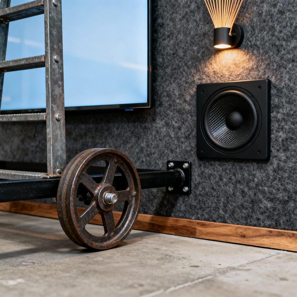Close-up of an industrial media room featuring a charcoal felt wall with a flush-mounted black speaker beside the edge of a wall-mounted TV. In the foreground, a galvanized steel rolling ladder with a patinated cast-iron wheel connects to a black pipe bracket over a polished concrete floor, while a small black sconce with fan-like brass rods casts warm light above a strip of walnut baseboard.