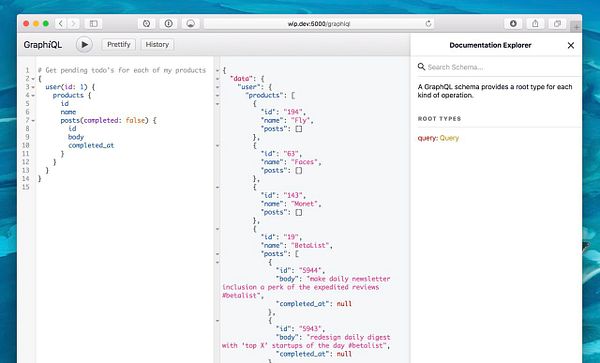 The image shows a GraphiQL interface displaying a GraphQL query and its result for fetching pending tasks.
