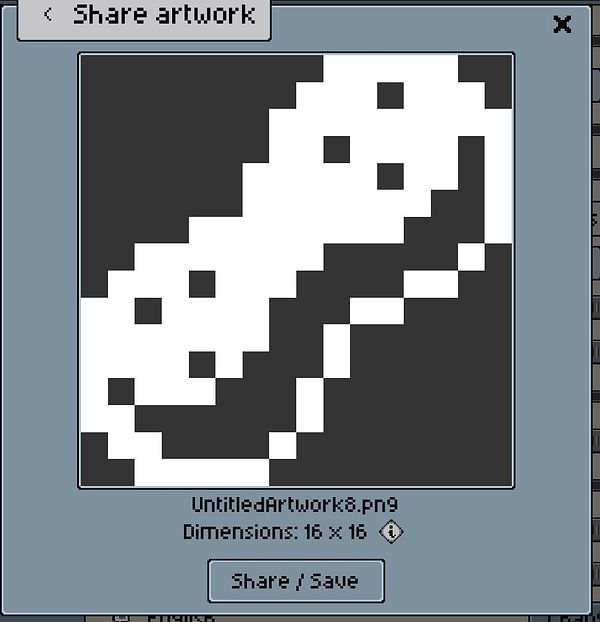 A pixel art sharing interface displaying a simple black and white artwork.