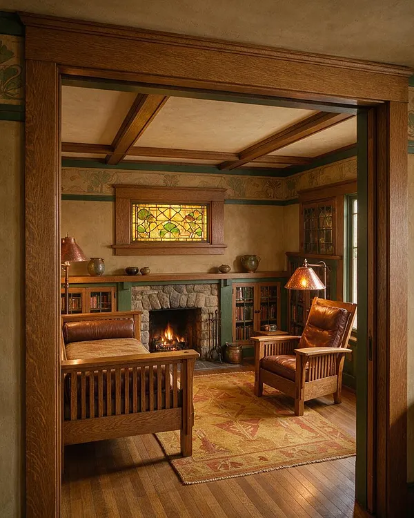 A warm Craftsman-style kids' room with rich wood trim, a stone fireplace, and a stained glass window above the mantel. The room includes a wooden bed, leather armchair, bookcases, a patterned area rug, and soft lamp light that creates a cozy, timeless atmosphere.