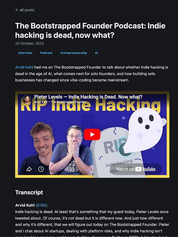 A webpage showing a podcast titled 'Podcast 27 - Abstractions of AI', with a transcript editor and audio controls.
