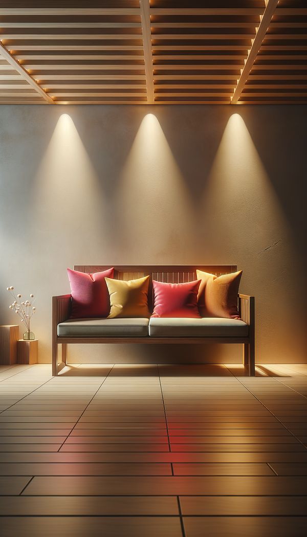 A wooden bench seat placed against a neutral-colored wall, adorned with colorful cushions and situated in a well-lit, modern interior space.