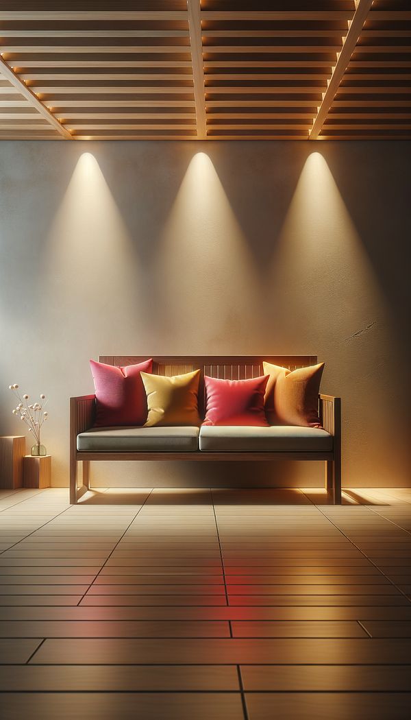 A wooden bench seat placed against a neutral-colored wall, adorned with colorful cushions and situated in a well-lit, modern interior space.