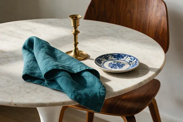 A small dining vignette features a round white stone or marble table with a teal linen napkin, a slender brass candlestick, and a blue-and-white ceramic saucer. Curved wooden chairs with warm wood grain sit around the table, creating a simple eclectic mix of textures and colors.