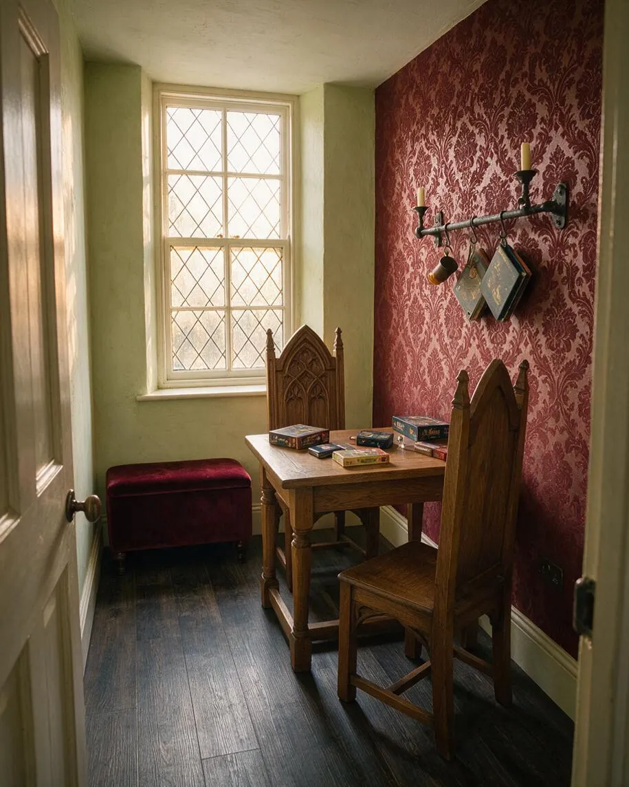 A narrow game room with Gothic-inspired details, including a small wooden table and carved high-back chairs, a deep red damask accent wall, and a leaded diamond-pane window that brings in soft natural light. A burgundy velvet bench and dark wood flooring add richness to the cozy, old-world atmosphere.