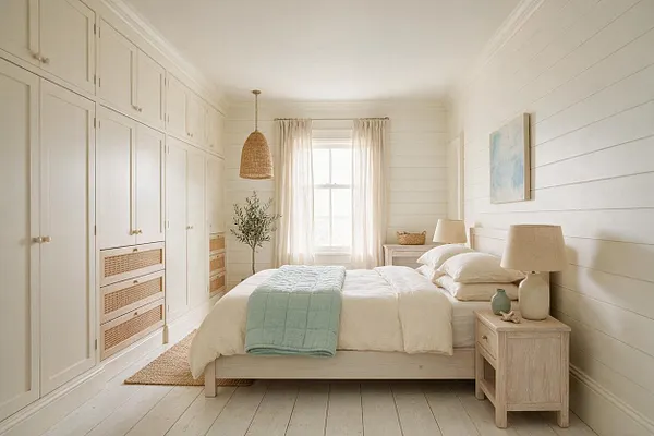 A serene coastal-style master bedroom with white shiplap walls, built-in wardrobes, and a low wood bed dressed in white bedding and a pale blue throw. Rattan, linen, and light wood accents add warmth, while soft daylight filters through sheer curtains.