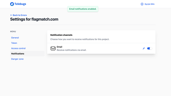 The image displays a settings interface for managing email notifications on the Telebugs platform.