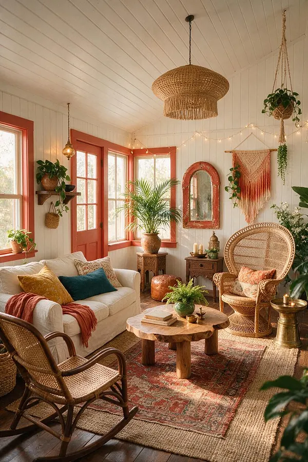 A bright bohemian sunroom with white paneled walls and ceiling, coral-red window and door trim, and plenty of natural light. The room includes a cream sofa, rattan armchairs and a rocking chair, a woven pendant light, hanging plants, macramé wall decor, patterned rugs, and a rustic wood coffee table.