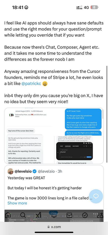 A conversation thread discussing AI app defaults and responsiveness from Cursor founders.