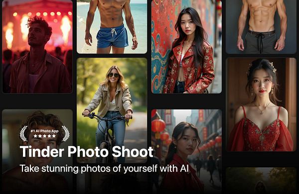 A collage of diverse individuals showcasing various styles and settings, promoting an AI photo app for Tinder.