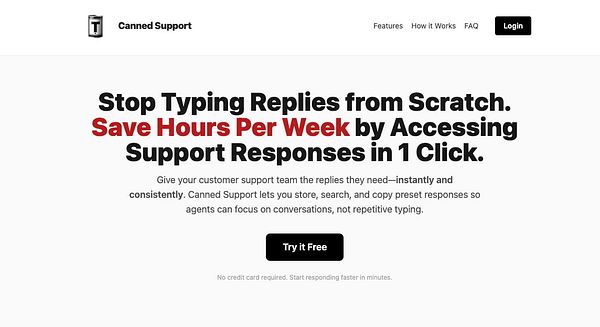 The image features a promotional webpage for the Canned Support tool, highlighting its benefits for customer support teams.