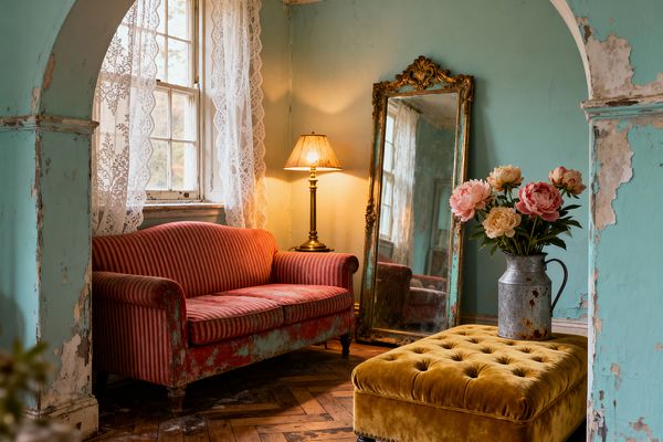 A shabby chic living room features peeling turquoise walls and an arched opening framing a red striped sofa beneath lace-covered sash windows. A brass table lamp casts warm light beside a tall gilded mirror leaning against the wall. In the foreground sits a mustard velvet tufted ottoman topped with a galvanized metal pitcher holding pink and peach peonies. The herringbone wood floor and worn finishes create a cozy, timeworn atmosphere.
