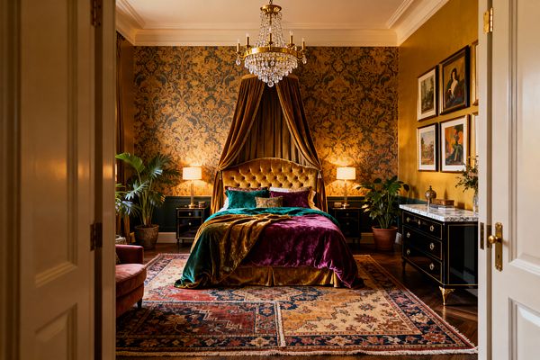 View through double doors to a maximalist bedroom with a tufted mustard velvet bed beneath a matching canopy, set against gold-and-teal damask wallpaper and dark green wainscoting. A brass and crystal chandelier hangs above; black lacquer nightstands with brass pulls hold warm lamps. On the right, a marble-topped black dresser and framed art line a gold wall. Lush plants, a vintage Persian rug, and herringbone wood floors add layers of pattern and texture.