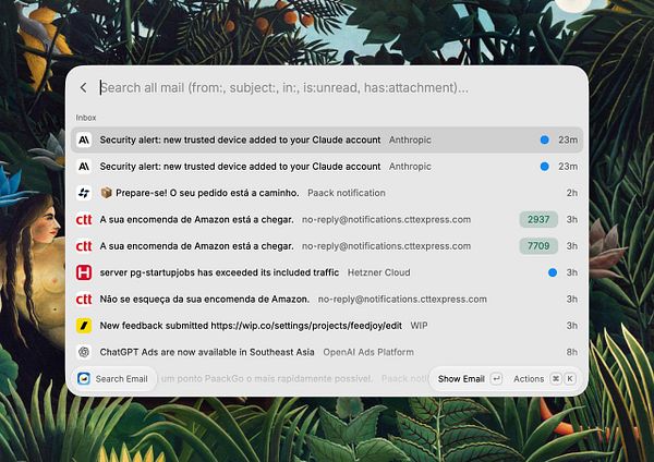 Interface of a Fastmail email extension integrated into Raycast showing an inbox with new email notifications and a search bar.