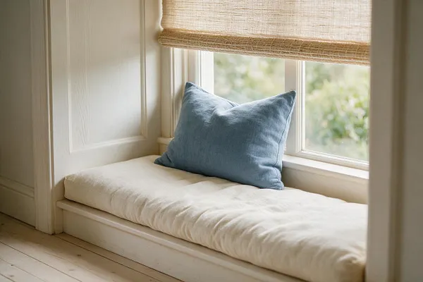 A bright coastal-style window seat with a cushioned cream bench beneath a white-framed window. A soft blue linen pillow leans against the sill, and a woven natural shade adds texture above the sunlit nook.