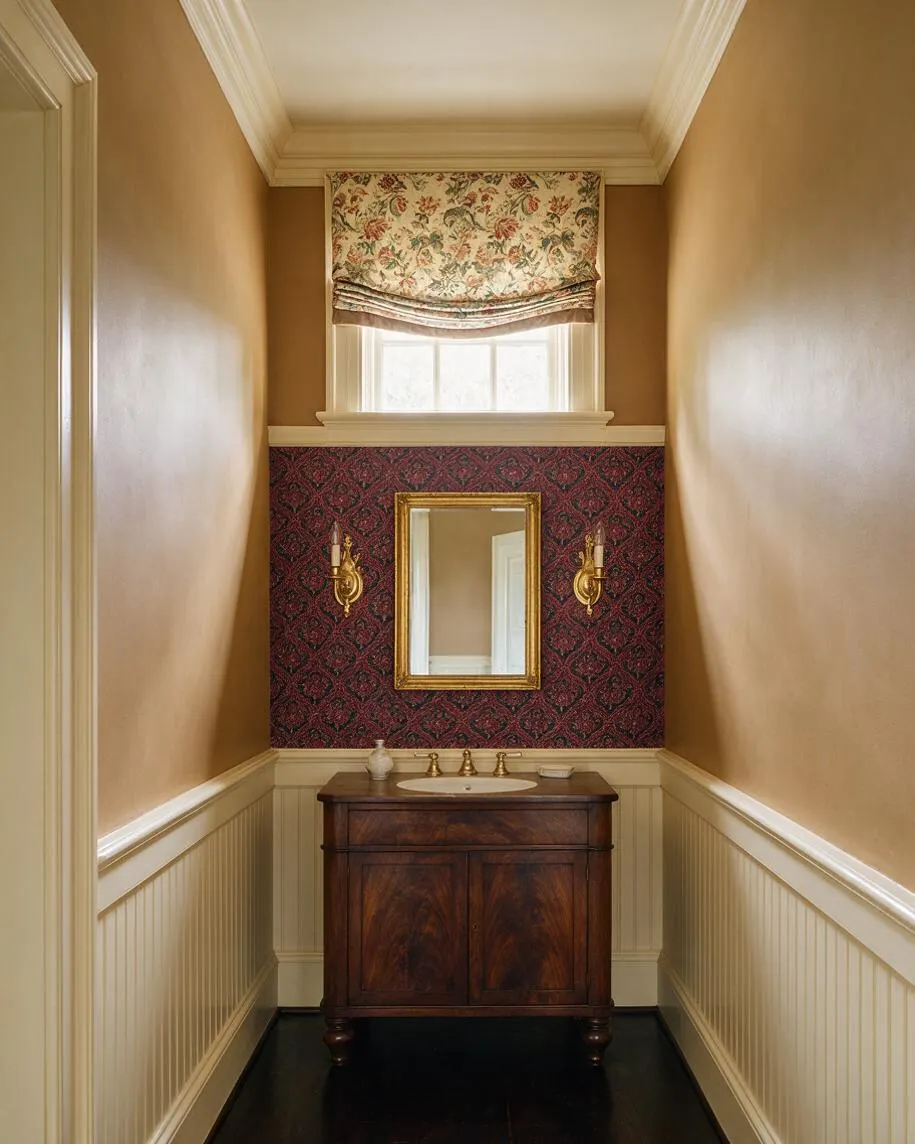 A narrow traditional powder room with warm tan walls, white wainscoting, and a dark wood vanity centered beneath a gold-framed mirror. Burgundy floral wallpaper and a patterned Roman shade add rich texture above the sink, while brass sconces and polished fixtures create a classic, formal look.