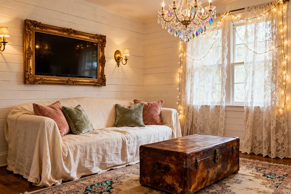 A cozy shabby chic media room with white shiplap walls and a cream slipcovered sofa accented by blush and sage pillows. A flat-screen television is set within an ornate gilded frame flanked by brass sconces. A vintage leather trunk serves as a coffee table on a faded oriental rug over hardwood floors. Sheer lace curtains and draped string lights soften daylight from double windows, while a crystal chandelier casts a warm, sparkling glow.
