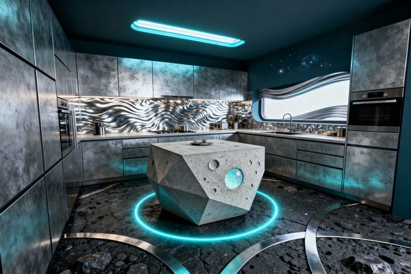 A futuristic kitchen in Cosmic Chic style features brushed metal cabinetry, a rippled stainless-steel backsplash, and cool white countertops. At center, a faceted concrete island with crater-like pits and a glowing orb sits on a dark cratered floor with steel arcs and cyan LED rings, while teal under-cabinet and ceiling lights, a porthole-like window with starry mural, and integrated stainless appliances complete the space.