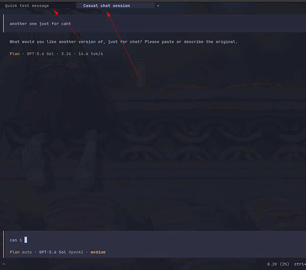 Terminal interface displaying two tabs named "Quick test message" and "Casual chat session" with shell command text input area.