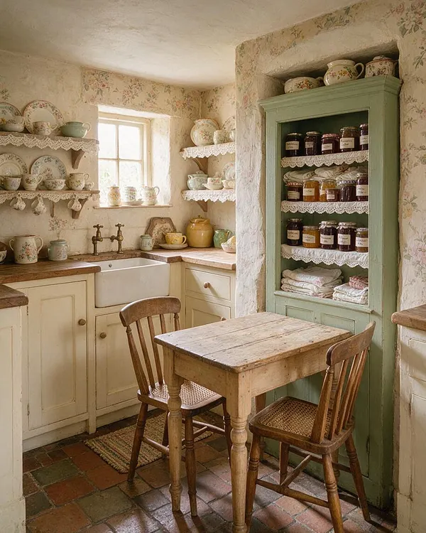 A cozy cottagecore basement kitchen with floral wallpaper, cream cabinetry, a deep farmhouse sink, and open shelves lined with teacups and patterned plates. A pale green pantry cabinet filled with jars and folded linens stands beside a small rustic wooden table and two vintage chairs.