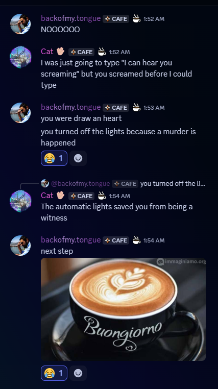 A humorous chat conversation about a homemade coffee with latte art and the text 'Buongiorno'.