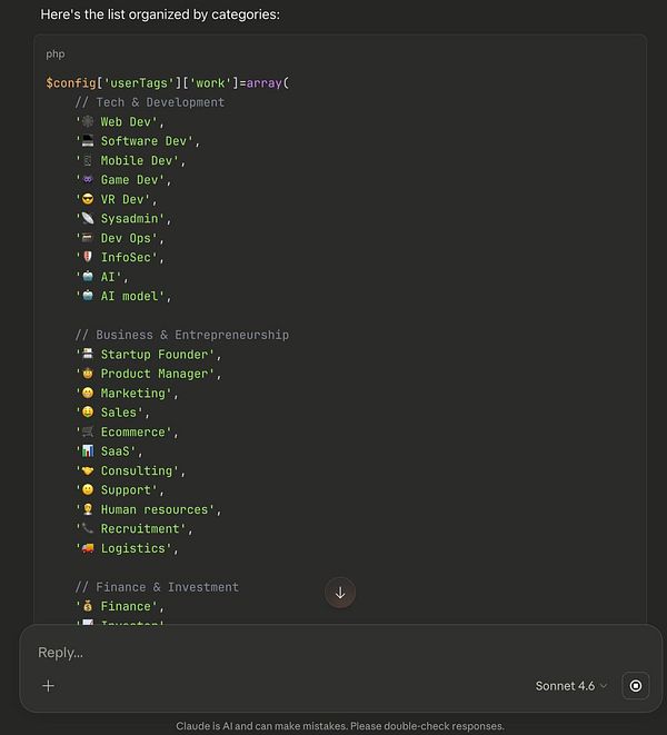 Table displaying various work types categorized by industry sectors with descriptions.