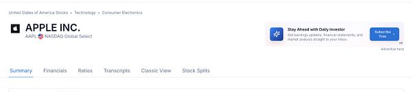 The image displays a webpage focused on Apple Inc. with an advertisement on the right side.