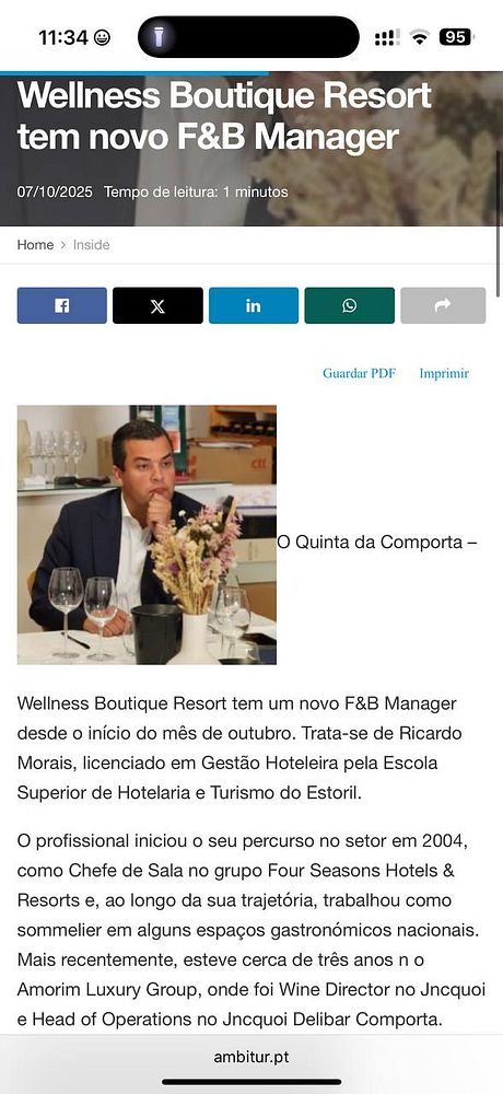 The image features a news article about the new Food & Beverage Manager at a wellness boutique resort.