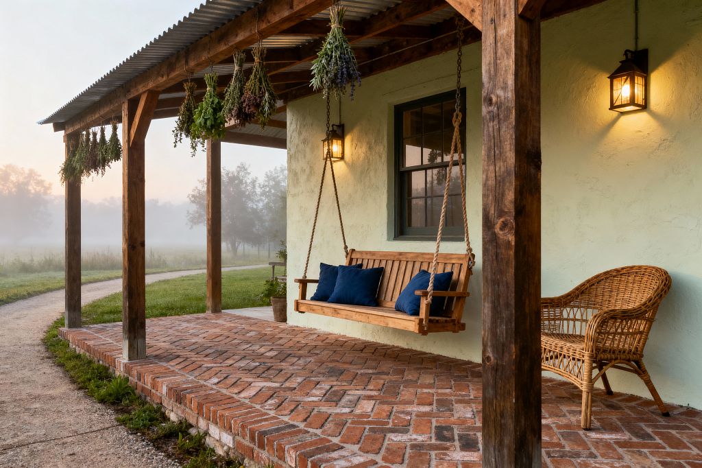 A rustic farmhouse porch with aged red brick flooring, rough timber posts, and a corrugated metal roof. A wooden porch swing suspended by thick ropes holds navy blue pillows next to a woven wicker chair; herb bundles hang from rafters, and black metal lantern sconces cast a warm glow on sage-green textured stucco. A misty field and a gravel path curve beyond the porch.