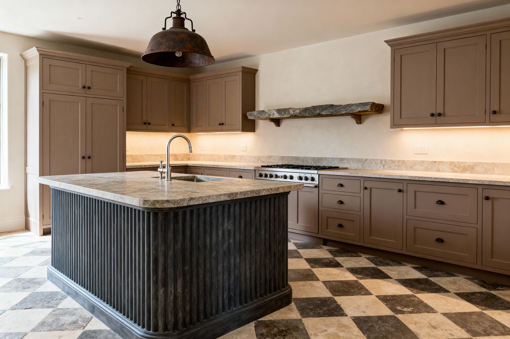 A transitional kitchen features taupe Shaker cabinetry with black knobs and bin pulls, a charcoal fluted island with a light stone top and undermount sink, and a stainless gas range beneath a rough-hewn stone shelf. Light stone counters and a short backsplash line the walls lit by warm under-cabinet lighting, while a patinated copper dome pendant hangs above and large checkerboard stone tiles cover the floor.