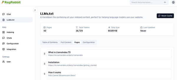 The image displays a user interface for managing an LLMs.txt file within the RagRabbit application.