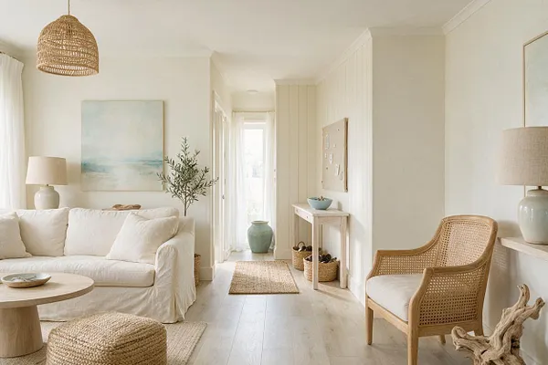 A bright coastal-style entryway with white walls, pale wood flooring, and woven natural accents. The space includes a rattan pendant light, a cane armchair, a slim console table, a jute runner, and soft blue and beige decor.