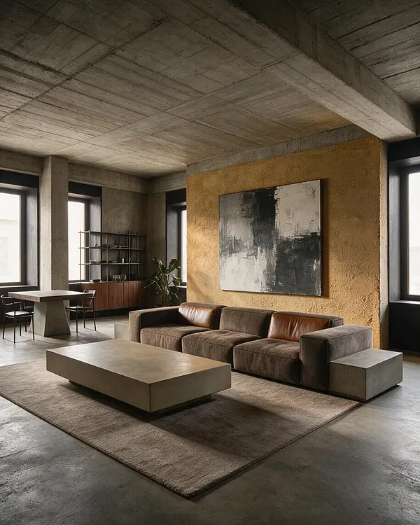 A Brutalist living room with exposed concrete ceilings and walls, tall narrow windows, and a low modular sofa in dark brown upholstery with leather accents. A large rectangular concrete coffee table sits on a muted area rug, while a mustard-toned textured accent wall holds an abstract black-and-white painting.