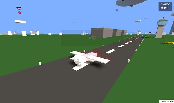 A blocky, low-poly airplane is positioned on a runway in a colorful, cartoonish landscape.