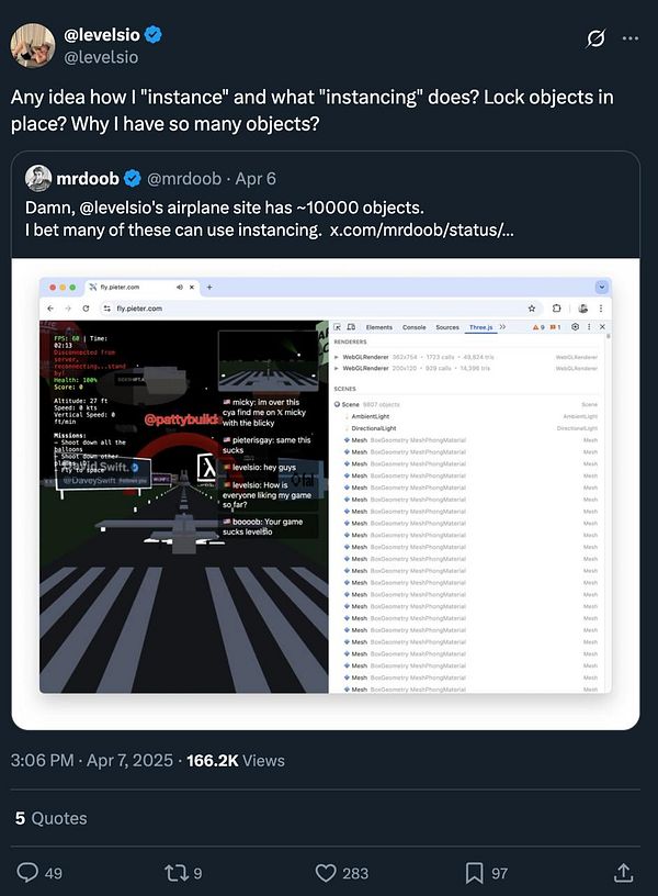 A screenshot of a Twitter conversation discussing object instancing in a 3D environment.