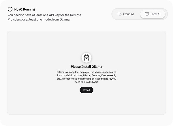 The image displays a configuration modal for an AI application, indicating that no AI is currently running.