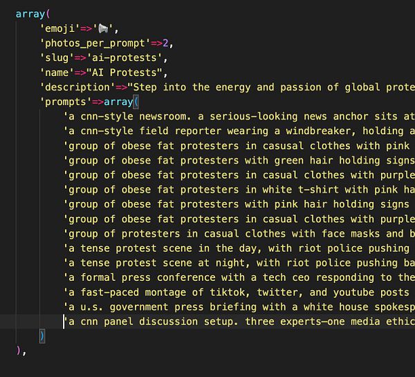 The image displays a code snippet outlining a task for creating an AI-generated photo pack related to protests.