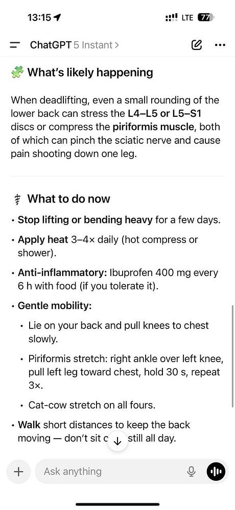 The image displays a health-related message about lower back pain and recommended actions.